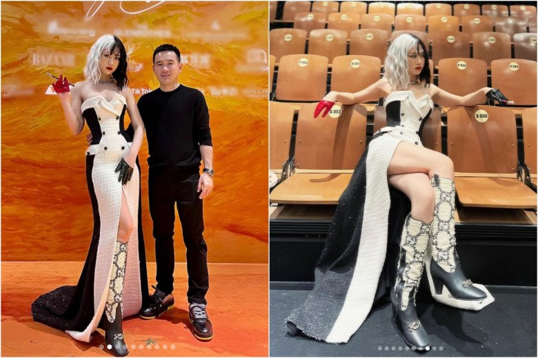 Tóc tai và váy rất có phong cách chia đôi 2 nửa, nhưng đôi boots khủng này khiến Lê Bống suýt lọt top thảm họa thời trang của năm.