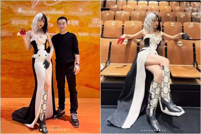 Tóc tai và váy rất có phong cách chia đôi 2 nửa, nhưng đôi boots khủng này khiến Lê Bống suýt lọt top thảm họa thời trang của năm.