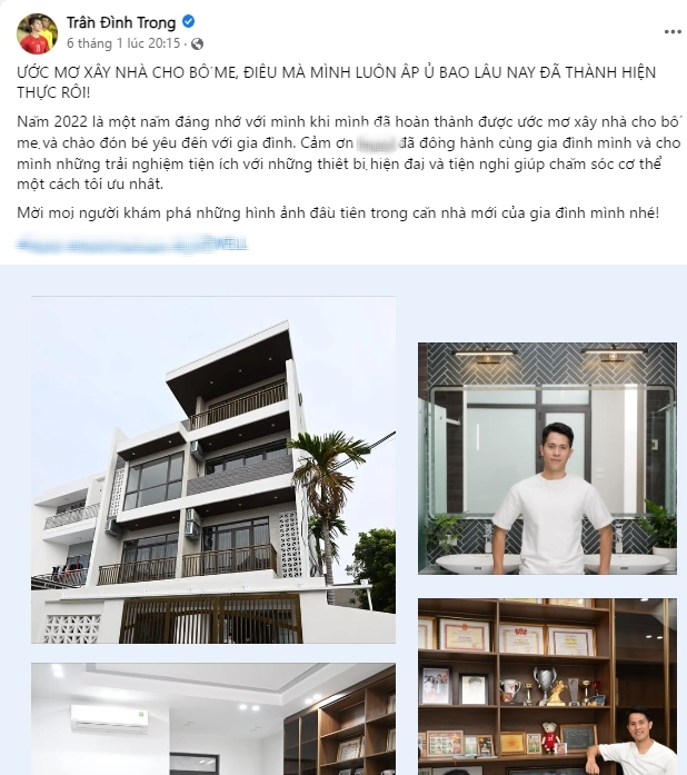 Mới đây nhất, trên trang cá nhân của mình, cầu thủ Đình Trọng đã khiến tất cả mọi người vô cùng bất ngờ khi "khoe" anh đã xây nhà tặng bố mẹ.