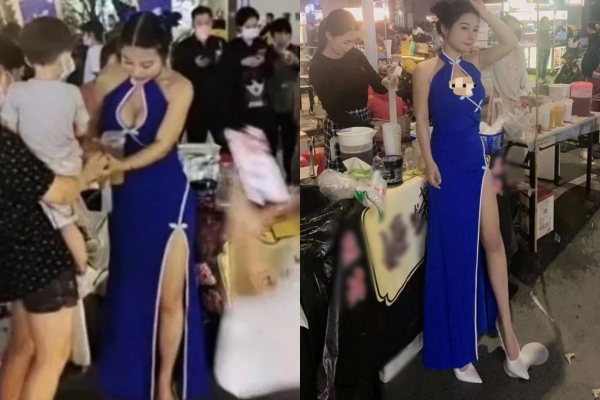 Theo đó, trong những hình ảnh/clip được chia sẻ trên mạng xã hội cô gái này diện sườn xám màu xanh cổ yếm với điểm cut-out táo bạo, phần chân váy xẻ tà cao khoe chân dài.