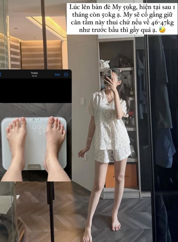 Mới sinh con nhưng vóc dáng Doãn Hải My được nhiều người nhận xét vẫn gọn gàng, nhan sắc không thay đổi nhiều. Cô tiết lộ mức cân hiện tại là 50 kg.