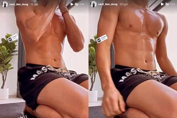 Thế nhưng, mẫu Tây lại chụp luôn khoảnh khắc Bùi Tiến Dũng để lộ bụng 6 múi cuồn cuộn qua gương.