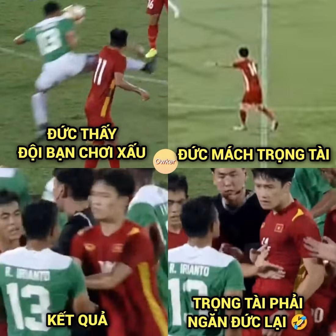 Bức ảnh chế Hoàng Đức bức xúc khi đội bạn chơi xấu được netizen truyền tay nhau. Vốn là cầu thủ khá điềm đạm nhưng trước những pha vào bóng đậm chất "Pencak Silat" của đội bạn, cầu thủ U23 Việt Nam cũng phải nổi cáu.