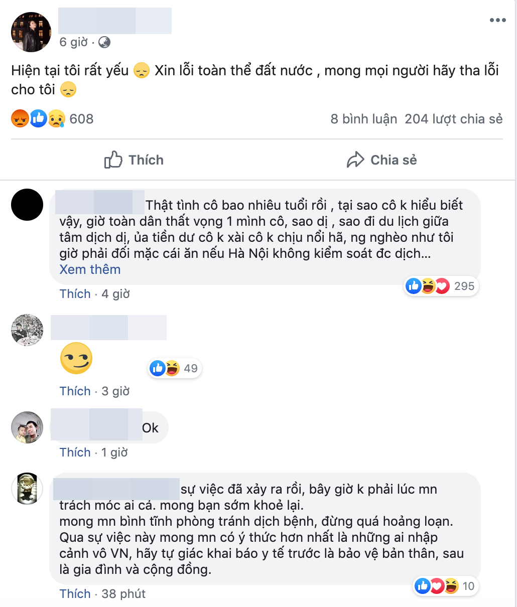 Tuy nhiên sau đó, tại một trang cá nhân khác cũng có tên Nhung Nguyen, ảnh đại diện và thông tin cá nhân y hệt của Nguyễn Thị Nhung đã đăng tải trạng thái xin lỗi người dân vì trường hợp của mình: "Hiện tại tôi rất yếu, xin lỗi toàn thể đất nước, mong mọi người hãy tha lỗi cho tôi".