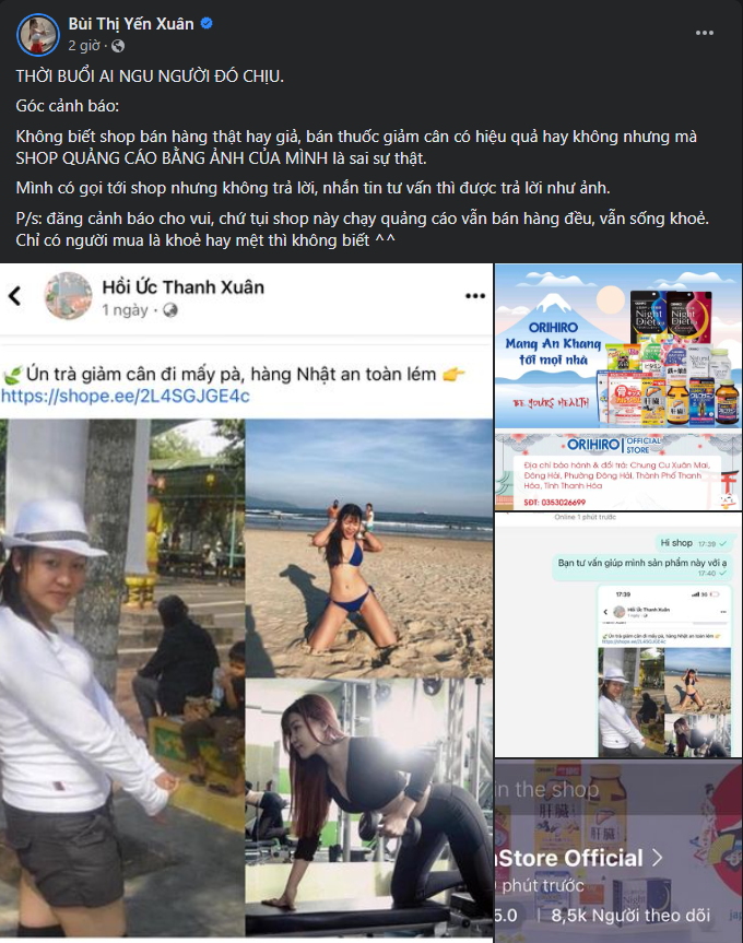 Mới đây, Yến Xuân bất ngờ đăng tải bài viết tố cáo một tài khoản trên mạng xã hội sử dụng ảnh cá nhân đăng tải cùng nội dung sai sự thật để bán hàng online mà cụ thể là trà giảm cân.