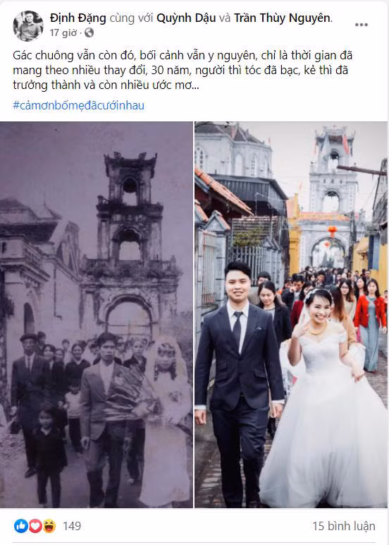 Thậm chí, nhiều bạn còn đăng tải những bức ảnh tái hiện hình ảnh cưới ngày xưa của bố mẹ với ngày nay của mình.