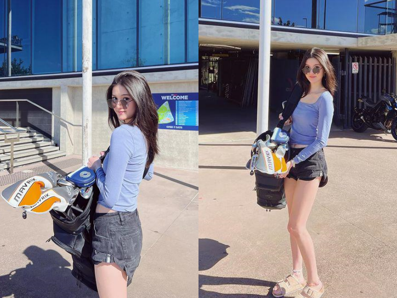 Mới đây trên trang Instagram cá nhân, Trinity Liao đăng tải loạt ảnh diện quần short, áo thun đi chơi golf. Đây cũng là trang phục thường thấy của người đẹp này.