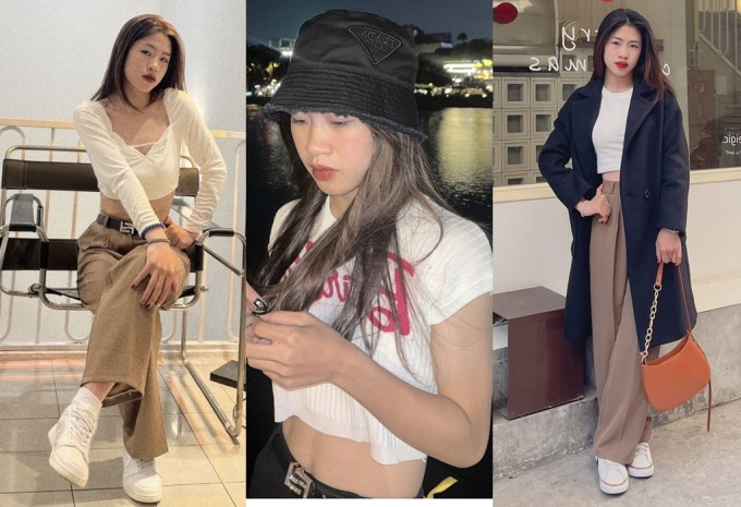 Thanh Nhã chuộng các trang phục tôn eo "con kiến" gồm crop top phối quần ống rộng, áo khoác dạ cùng các phụ kiện như giày converse, nón bucket, túi xách mang hơi thở thập niên 1990.