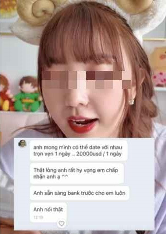 Nhưng ngay sau đó, người này lộ rõ mục đích nhạy cảm - muốn "hẹn hò riêng tư" với lời "gạ gẫm" đi kèm với số tiền không hề nhỏ, với mức giá 35.000 USD (khoảng 890 triệu đồng)/ đêm với nữ TikToker H.K.D.D