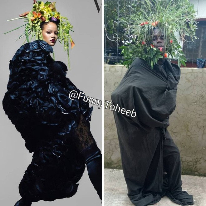Dùng bạt che ô tô, chậu hoa nhà hàng xóm, nồi niêu... Mà cosplay được Rihanna thì quá giỏi.