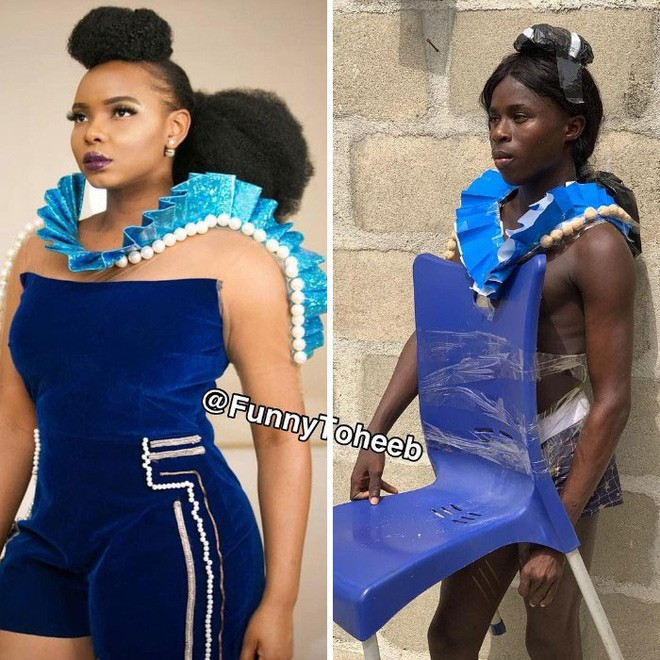 Cơ thể không duyên dáng khỏe mạnh bằng Yemi Alade, Toheeb phải mượn thêm cái ghế.