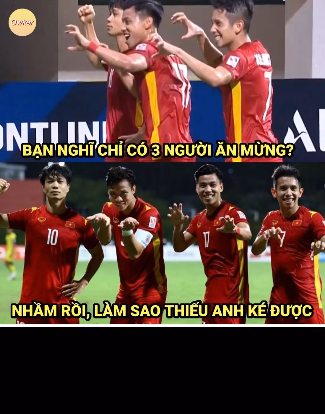 Dù ở phần sân nhà nhưng đội trưởng đội tuyển Việt Nam vẫn phải lao về phía các đồng đội để thể hiện màn "ké" của mình. Và hành động này của Quế Ngọc Hải ngay lập tức được netizen để ý và chế ảnh.