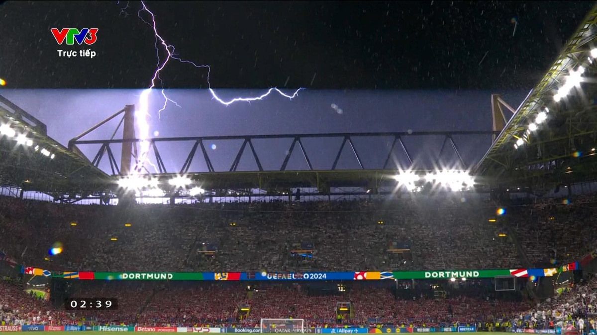 Sấm chớp khiến BTC sân Signal Iduna Park phải đưa ra cảnh báo với trọng tài chính Michael Oliver. Ảnh chụp màn hình.