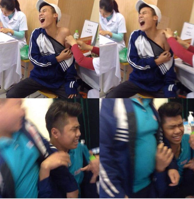 Gục ngã, sợ hãi và khóc nức nở, ai nhìn không biết lại tưởng dàn thanh niên này sắp phải ôm bom cảm tử ra trận chứ chẳng phải ngồi im chờ bác sĩ tiêm. 