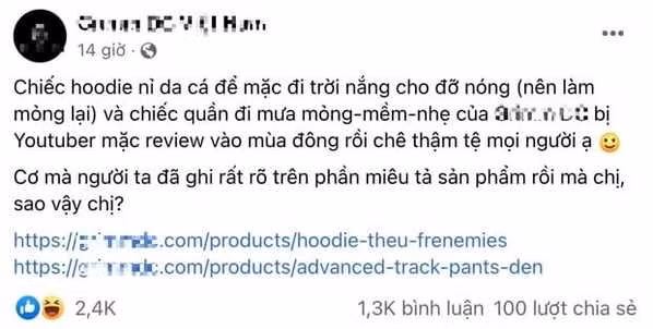 Hà Linh đánh giá chiếc áo là quá mỏng, không xứng đáng với giá tiền bỏ ra. Bên cạnh đó, chiếc quần còn bị cô nàng ví giống với quần đi mưa hay giống chiếc quần thể dục đi học.