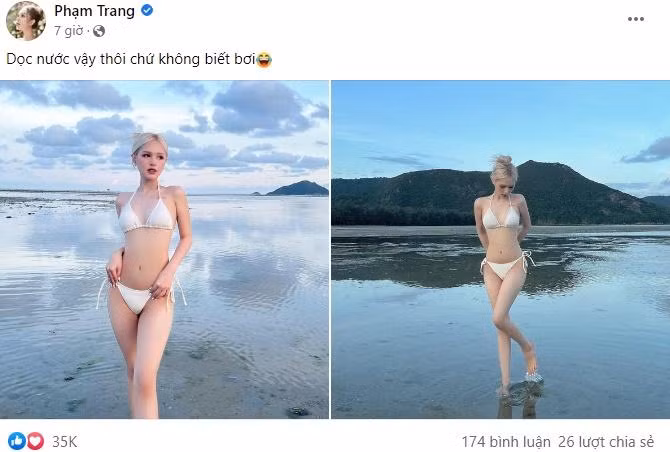 Mới đây, Xoài Non hào hứng chia sẻ hình ảnh mới trên Facebook cá nhân. Khoảnh khắc ghi lại, bà xã Xemesis diện bikini trắng thả dáng trên bãi biển. "Nghịch nước vậy thôi chứ không biết bơi", hot girl đính kèm.