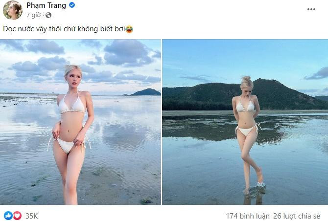 Mới đây, Xoài Non hào hứng chia sẻ hình ảnh mới trên Facebook cá nhân. Khoảnh khắc ghi lại, bà xã Xemesis diện bikini trắng thả dáng trên bãi biển. "Nghịch nước vậy thôi chứ không biết bơi", hot girl đính kèm.