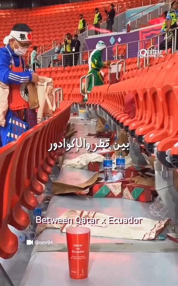 Tuy nhiên, khi trả lời câu hỏi của những người xung quanh về lý do ở lại dọn rác, những fan bóng đá Nhật bản nói rằng: “Chúng tôi là người Nhật và chúng tôi không thể nhìn rác bị bỏ lại phía sau. Chúng tôi tôn trọng nơi này”.