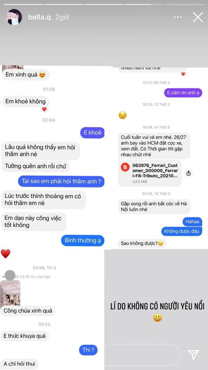 Mới đây, Bella đã đăng một story chia sẻ về tình trạng quan hệ của mình. Cụ thể cô nàng đã đăng lên 3 đoạn tin nhắn trò chuyện với anh trai nào đó.