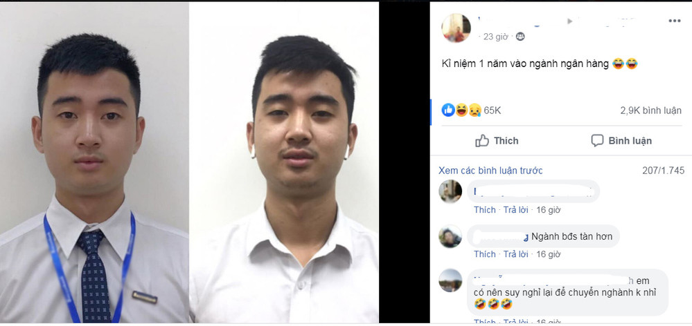 Mới đây trên MXH, nickname V.T.A đã chia sẻ bức ảnh trước và sau một năm vào làm ngành ngân hàng thu hút sự chú ý. Cụ thể, Mọi chuyện bắt đầu khi cậu bạn này khoe lên MXH bức hình của chính mình sau một năm làm việc với dòng chia sẻ: “Kỉ niệm 1 năm vào ngành ngân hàng”.