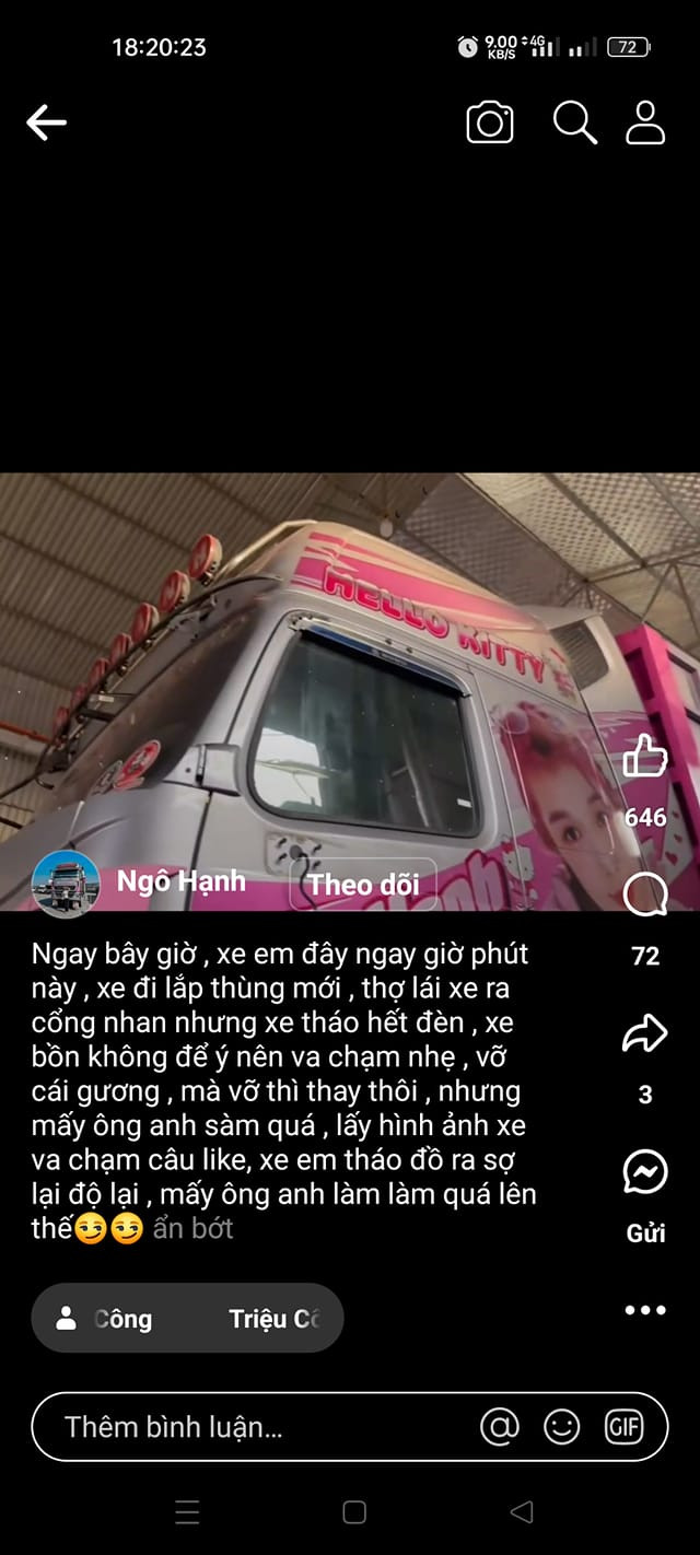 Sau khi vụ tai nạn xảy ra, nữ tài xế N.H đã lên tiếng giải thích bản thân không phải là người lái chiếc xe, là do mang xe đi tháo đồ đổi thùng, thợ đánh xe va chạm nhẹ với xe bồn bị vỡ gương, còn xe cô không bị ảnh hưởng gì.