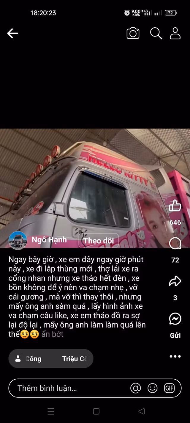 Sau khi vụ tai nạn xảy ra, nữ tài xế N.H đã lên tiếng giải thích bản thân không phải là người lái chiếc xe, là do mang xe đi tháo đồ đổi thùng, thợ đánh xe va chạm nhẹ với xe bồn bị vỡ gương, còn xe cô không bị ảnh hưởng gì.