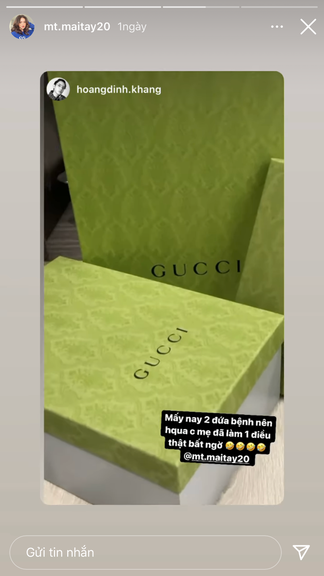 Vốn dĩ Mai không tiết lộ danh tính người tặng nhưng thiếu gia Sài thành lại không ngại chia sẻ: "Mấy nay 2 đứa bệnh nên hôm qua 'chị' mẹ đã làm 1 điều thật bất ngờ".