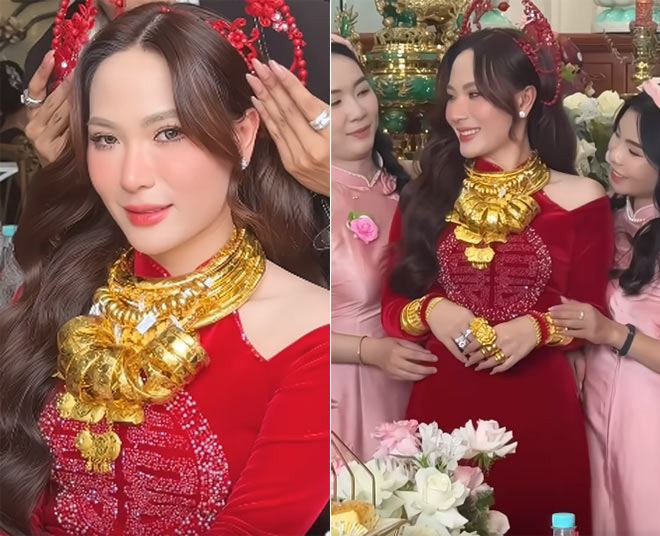 Gây chú ý hơn cả là số vàng “khổng lồ” Như Huỳnh đeo trên cổ, cổ tay và ngón tay. Vì nhẫn vàng và lắc vàng quá nhiều, cô dâu Cần Thơ phải xâu thành một chuỗi rồi đeo lên cổ.