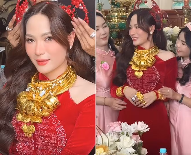 Gây chú ý hơn cả là số vàng “khổng lồ” Như Huỳnh đeo trên cổ, cổ tay và ngón tay. Vì nhẫn vàng và lắc vàng quá nhiều, cô dâu Cần Thơ phải xâu thành một chuỗi rồi đeo lên cổ.