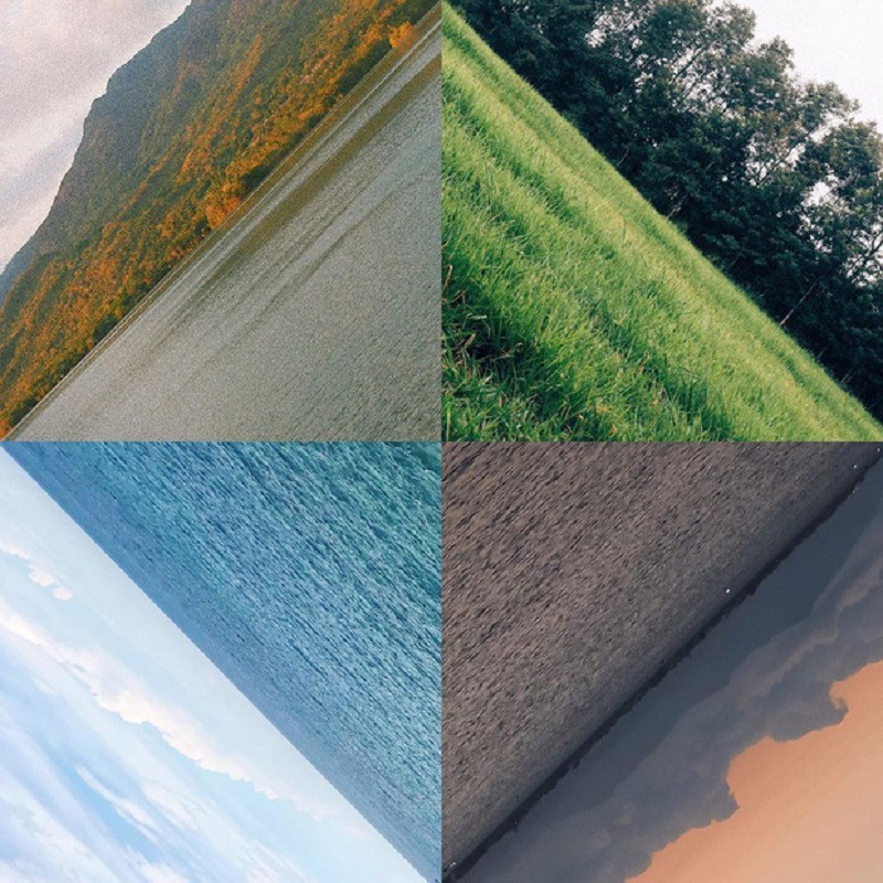 Bạn chỉ cần căn sao cho đường chân trời ở giữa bức ảnh. Sau đó, cắt ảnh theo hình vuông với tỉ lệ có sẵn và xoay ảnh sao cho đường chân trời nằm theo đường chéo của hình vuông. Bốn bức ảnh hướng về 4 phía khác nhau theo góc nghiêng 45 độ và khi ghép lại, những đường chân trời sẽ tạo thành một hình thoi đối xứng nhau trông rất hay ho. Với trend chụp ảnh này, bạn sẽ không còn phải lo Facebook hay Instagram bị nhàm chán bởi những bức ảnh thông thường nữa.