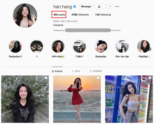 Cụ thể, hồi tháng 10/2020 (khoảng nửa năm trước) số post trên trang cá nhân của Hàn Hằng là 432. Tuy nhiên hiện tại, con số này chỉ còn 404 ở thời điểm hiện tại.