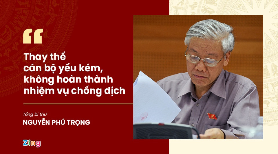 "Xử lý nghiêm các hành vi vi phạm quy định, chủ quan, lơ là, thay thế kịp thời cán bộ yếu kém không hoàn thành nhiệm vụ phòng, chống dịch" là yêu cầu được Tổng bí thư đưa ra tại cuộc họp. Theo ông, các địa phương cần kịp thời biểu dương, khen thưởng các tấm gương tốt, điển hình, cách làm hay; đồng thời, kịp thời ngăn chặn, xử lý nghiêm vi phạm về phòng, chống dịch.