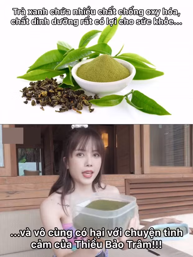 Bức ảnh chế, Thiều Bảo Trâm quảng cáo cho bột trà xanh.