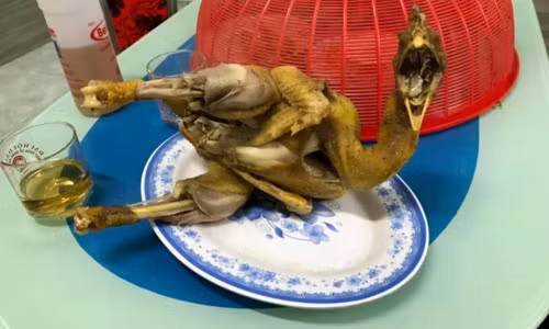 Con gà luộc quá lâu nên bị bong tróc hết da.