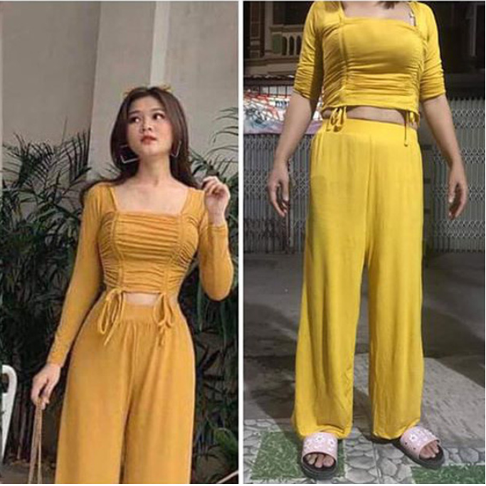 Đành rằng kiểu dáng cũng na ná nhau nhưng nhìn một phát là biết chất vải khác nhau, màu sắc cũng chẳng y hình.