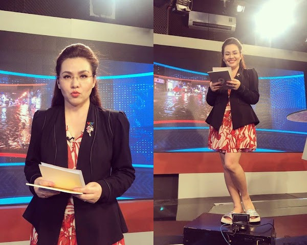 BTV Mộng Hoài từng so sánh hình ảnh chỉn chu khi lên sóng với hình ảnh thực tế ở hậu trường, trên thì tươm tất với áo vest đen mix đầm đỏ hoạ tiết nhưng nhìn xuống chân thì là đôi dép lê có phần giản dị.