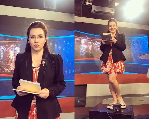 BTV Mộng Hoài từng so sánh hình ảnh chỉn chu khi lên sóng với hình ảnh thực tế ở hậu trường, trên thì tươm tất với áo vest đen mix đầm đỏ hoạ tiết nhưng nhìn xuống chân thì là đôi dép lê có phần giản dị.