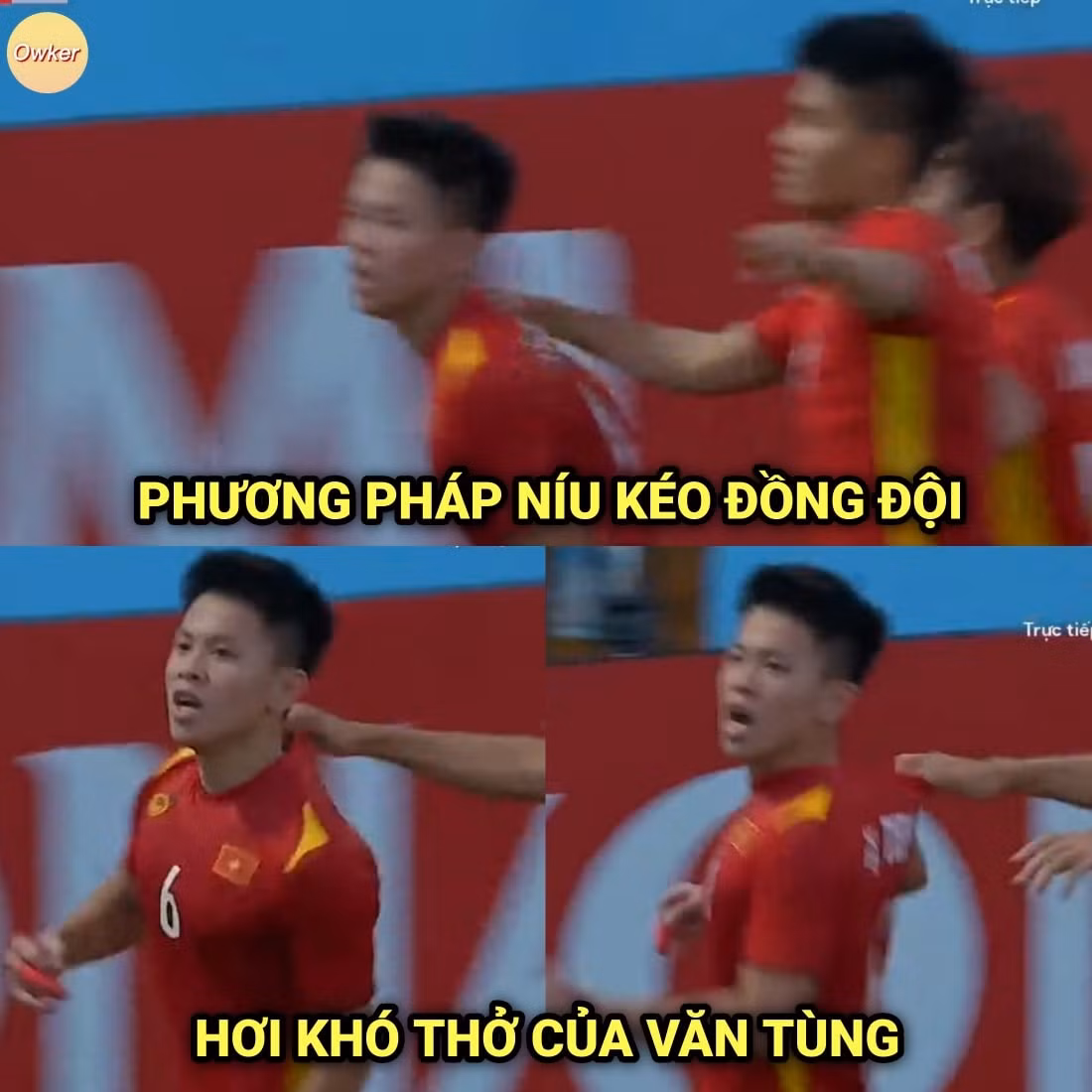 Để ăn mừng cùng Tiến Long, Văn Tùng chỉ còn cách kéo áo đồng đội.