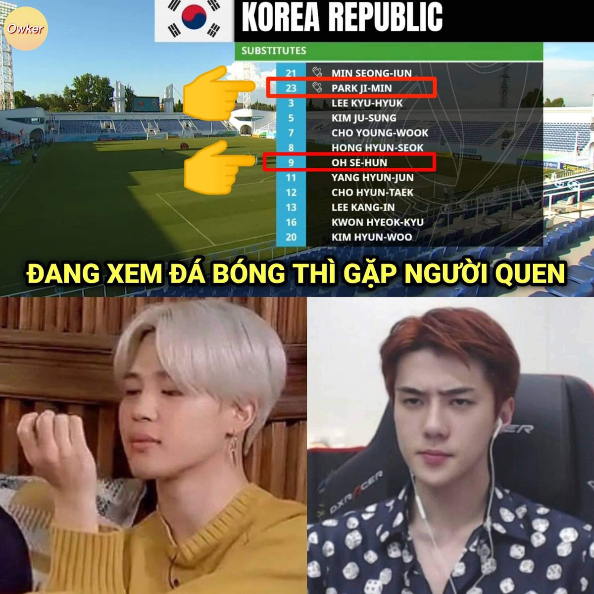 Bức ảnh chế bóng đá khi đội hình xuất phát của U23 Việt Nam và U23 Hàn Quốc được nhiều fan Kpop đăng tải. Họ thấy 1 vài cái tên khá quen thuộc trong đội hình của ĐKVĐ VCK U23 châu Á. Ảnh sử dụng trong bài: Fandom Owker