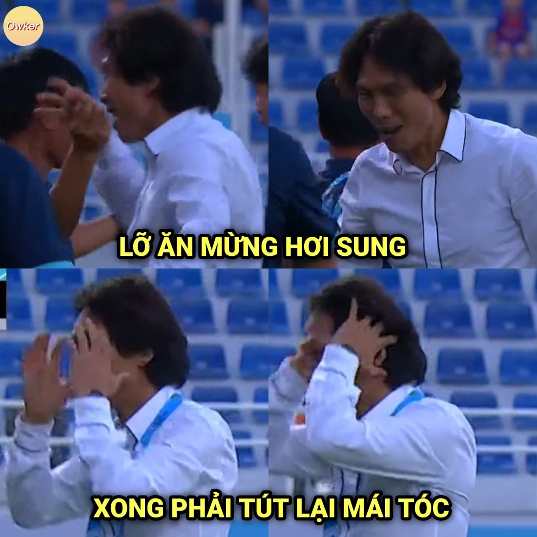 Pha ăn mừng hụt của HLV U23 Việt Nam - Gong Oh-Kyun và ngay lập tức ông chữa cháy bằng pha vuốt tóc.