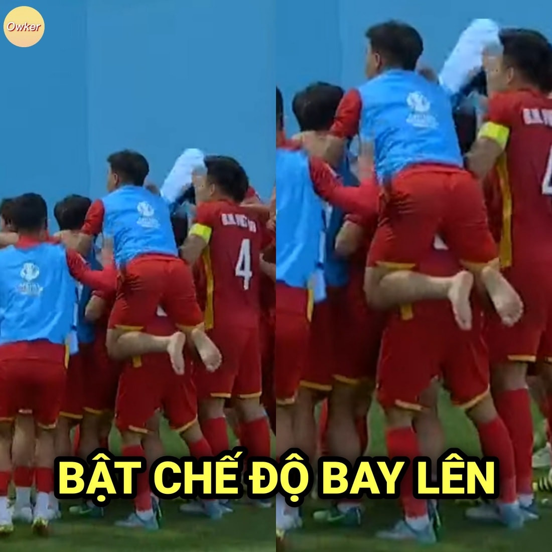 Dàn cầu thủ U23 Việt Nam bật chế độ bay lên nhưng quên không đi giày.