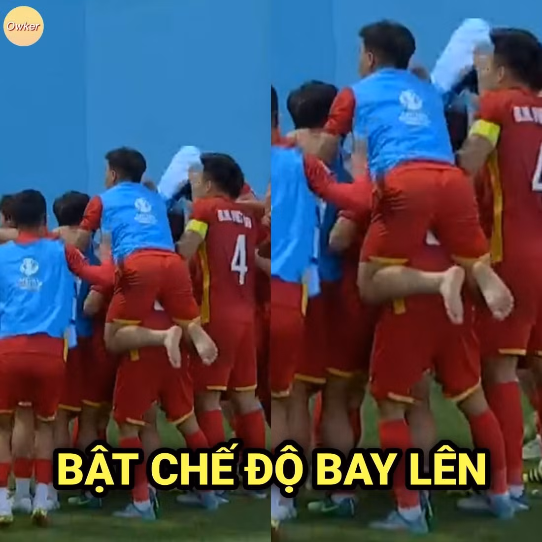 Dàn cầu thủ U23 Việt Nam bật chế độ bay lên nhưng quên không đi giày.