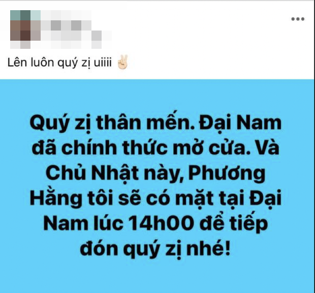 Mới đây, trên trang cá nhân, thư ký riêng của bà Nguyễn Phương Hằng đã thông báo việc nữ CEO sẽ đến Đại Nam vào chiều chủ nhật ngày 31/10 để đón tiếp khách chu đáo.