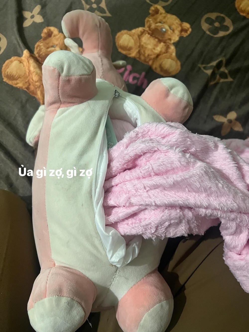 Cụ thể, thời gian gần đây người vợ phát hiện chồng thường xuyên ôm một chú gấu bông đi ngủ. Chị vợ cũng hết sức tò mò chú gấu bông này có cái gì mà khiến chồng thay vì ôm mình lại đi ôm nó. Thế là giác quan thứ 6 mách bảo sau khi gấp chăn người vợ lập tức lôi chú gấu bông ra kiểm tra.