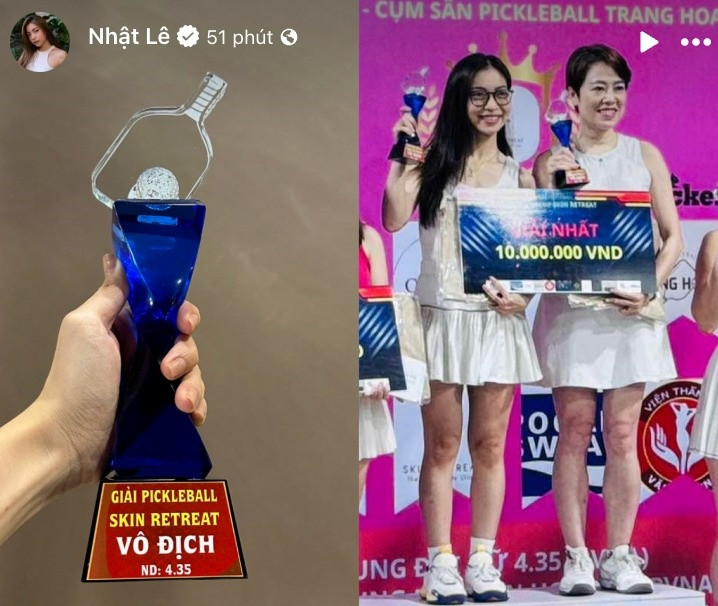 Mới đây, trên trang cá nhân, hot girl Nhật Lê đăng tải món quà 8/3 mà cô tự thưởng cho bản thân là chiếc cúp vô địch pickleball Nhật Lê mới giành được cùng số tiền đi kèm là 10 triệu đồng.