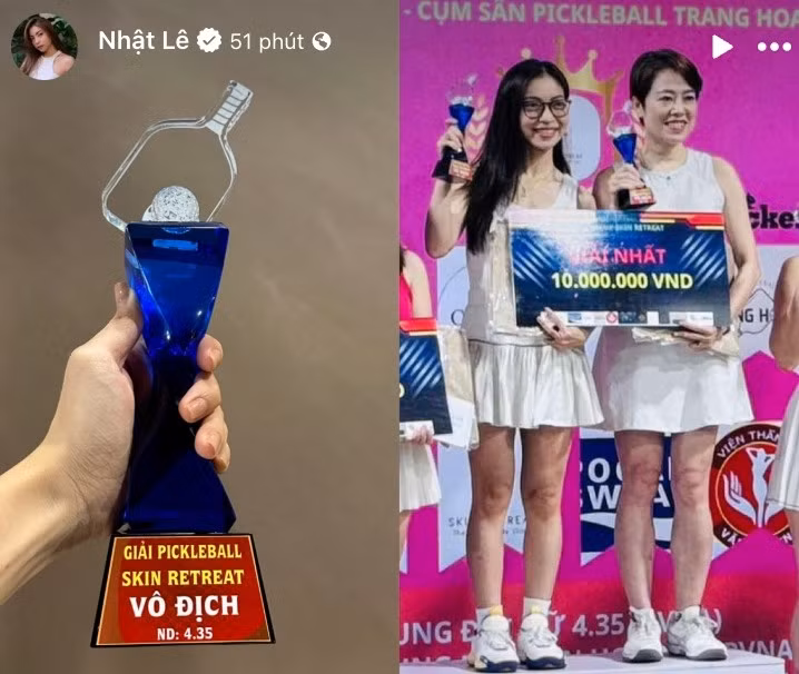 Mới đây, trên trang cá nhân, hot girl Nhật Lê đăng tải món quà 8/3 mà cô tự thưởng cho bản thân là chiếc cúp vô địch pickleball Nhật Lê mới giành được cùng số tiền đi kèm là 10 triệu đồng.