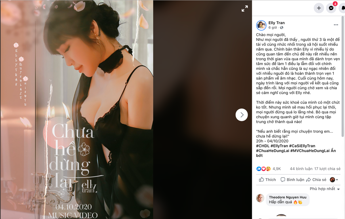 Cũng theo chia sẻ của Elly Trần trên trang cá nhân, MV đánh dấu giai đoạn bước chân vào con đường ca hát của cô mang tên "Chưa hề dừng lại". Chủ đề của sản phẩm này là người thứ 3 và được ra mắt vào ngày 4/10 tới.