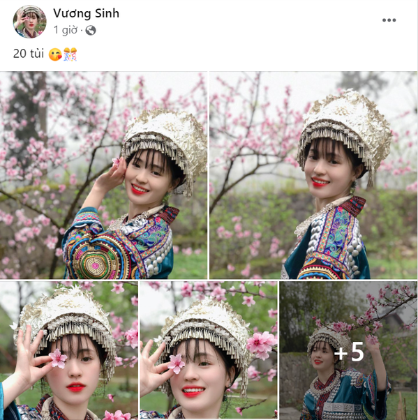 Mới đây, trên trang cá nhân, Vàng Thị Sinh đã đăng tải bộ ảnh mừng sinh nhật tuổi mới của mình. Trong khung hình, cô gái mặc bộ trang phục dân tộc quen thuộc, tạo dáng bên những cành hoa đào đang nở rộ, khoe sắc rực rỡ.