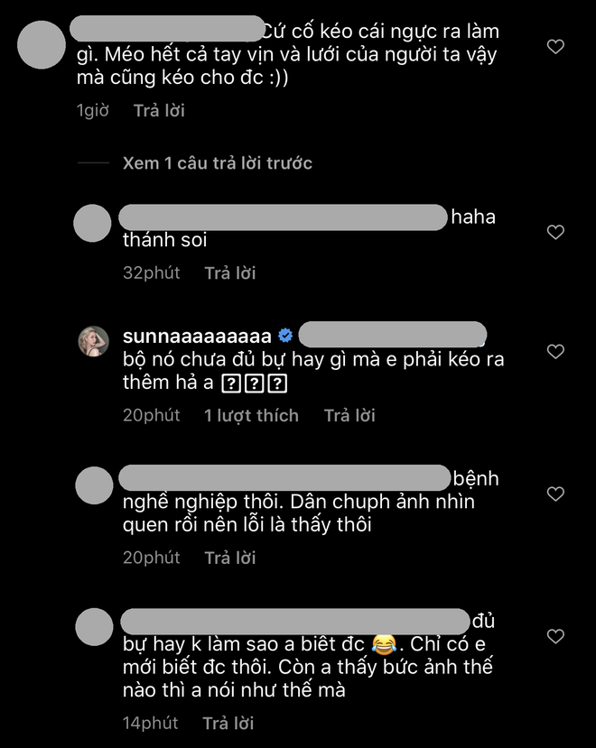 Cụ thể, trong bức ảnh của Wilson Nhật Anh, một người tự nhận là photographer đã cho rằng cô nàng cố kéo vòng 1 cho bự thêm.