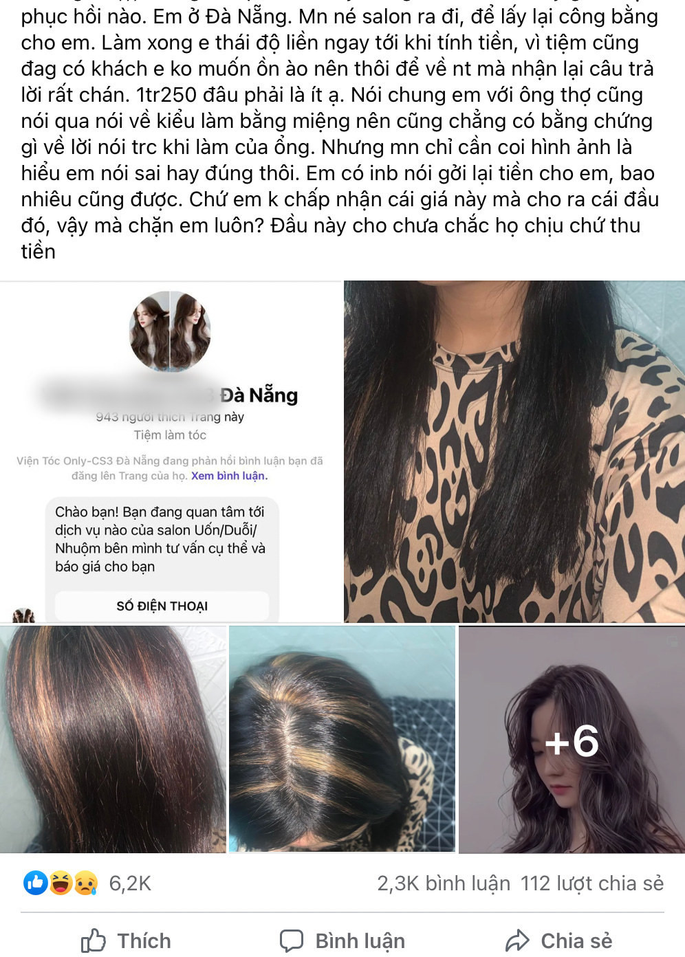 Trước đó, một cô gái ở Đà Nẵng cũng phải kêu trời vì đầu tư tới hơn 1 triệu đồng đi làm tóc highlight nhưng lại nhận về kiểu tóc khác ảnh gốc một trời một vực.